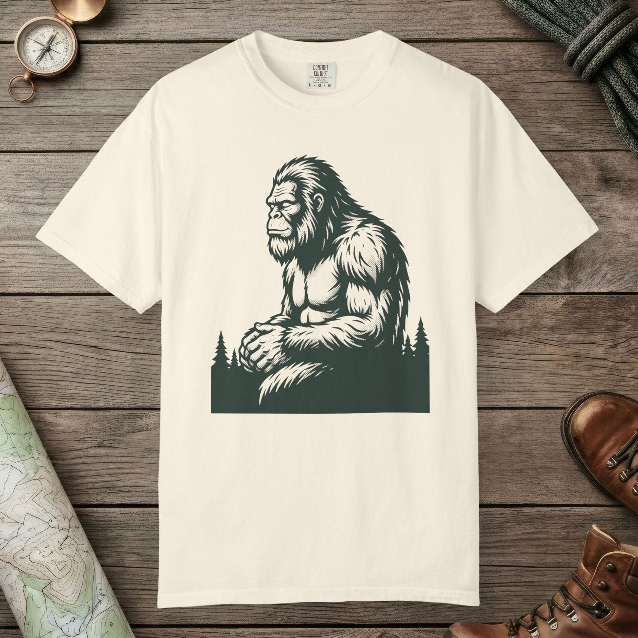 Ivory color unisex graphic t-shirt with "Meditating Bigfoot" design