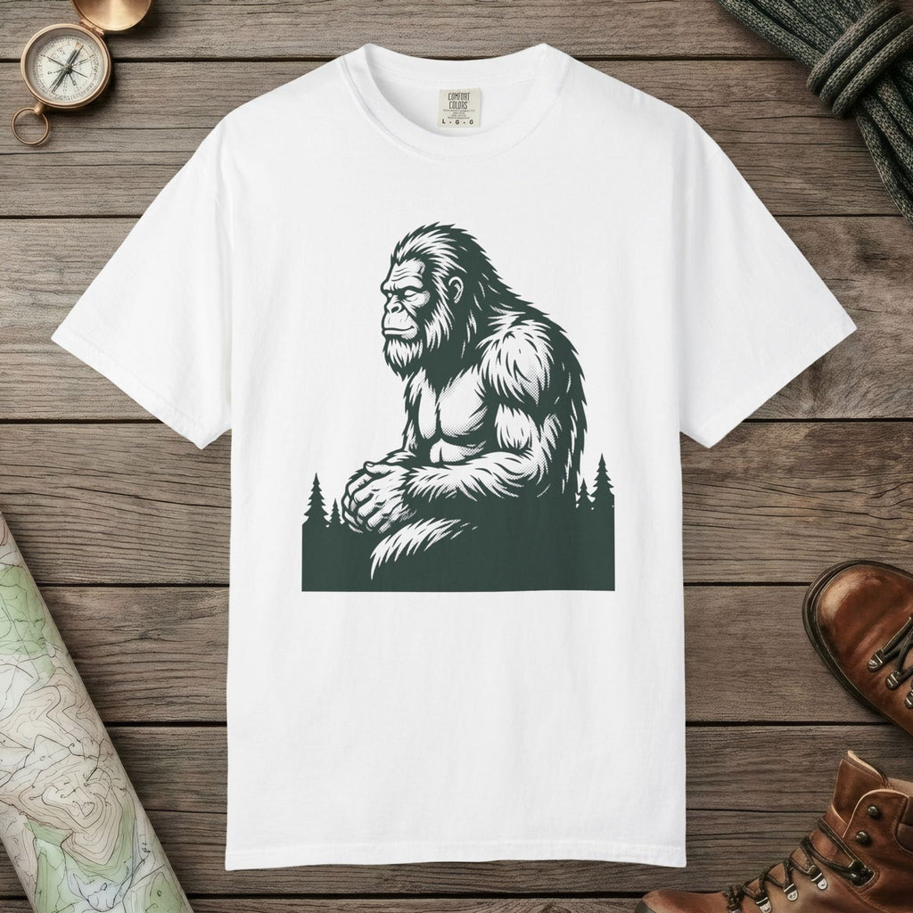 White color unisex graphic t-shirt with "Meditating Bigfoot" design