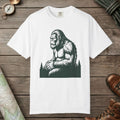 White color unisex graphic t-shirt with "Meditating Bigfoot" design