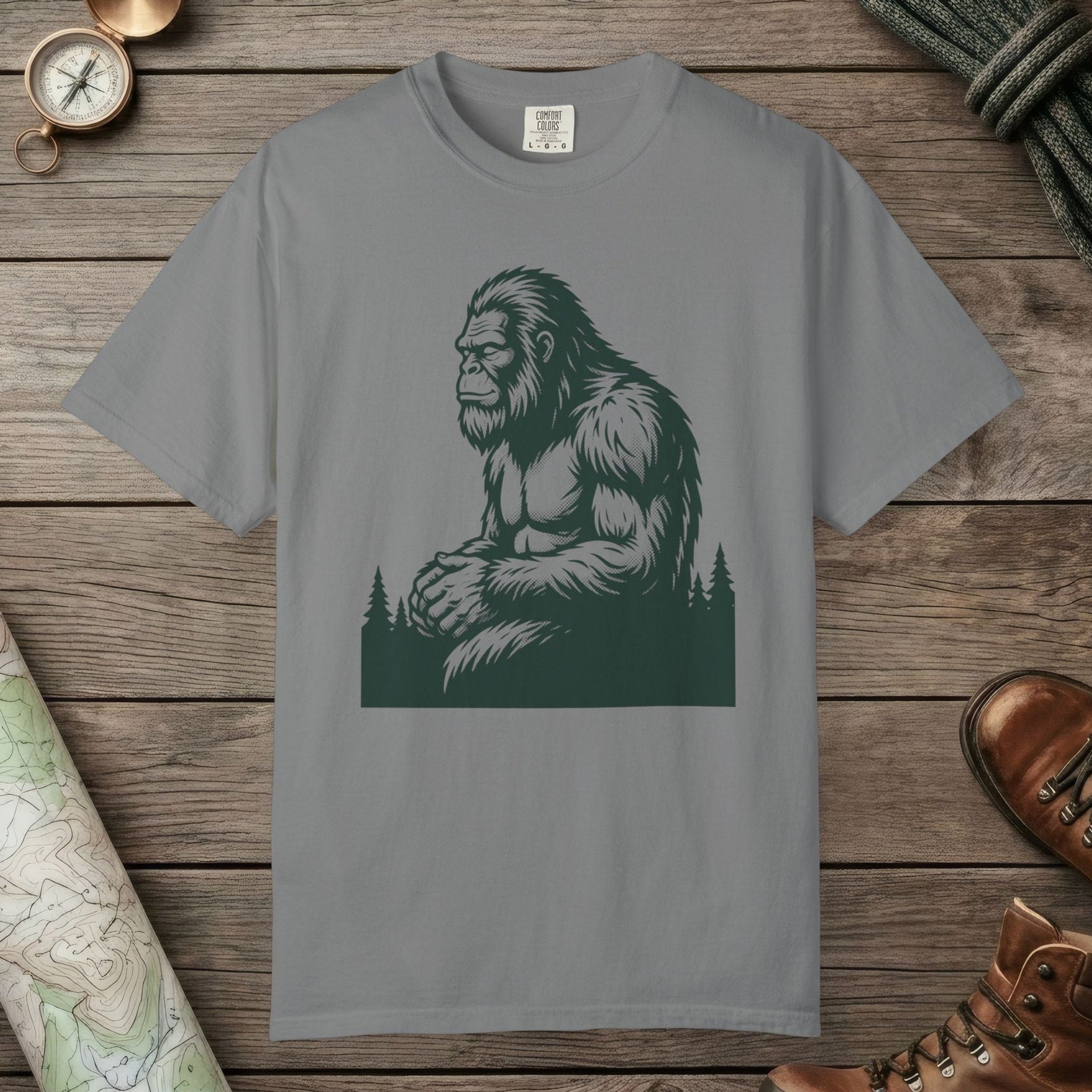 Grey color unisex graphic t-shirt with "Meditating Bigfoot" design