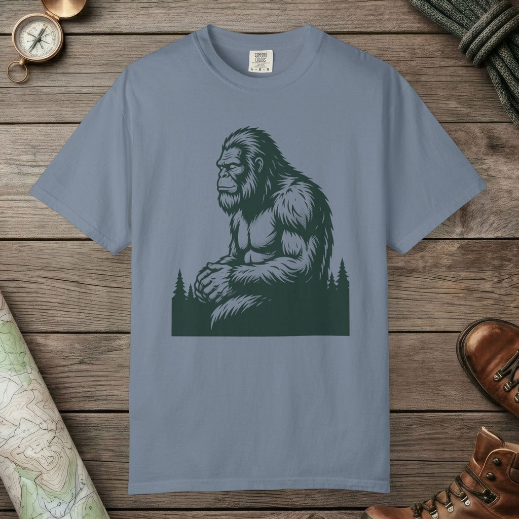 Blue Jean color unisex graphic t-shirt with "Meditating Bigfoot" design