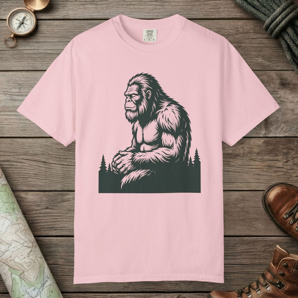 Blossom color unisex graphic t-shirt with "Meditating Bigfoot" design