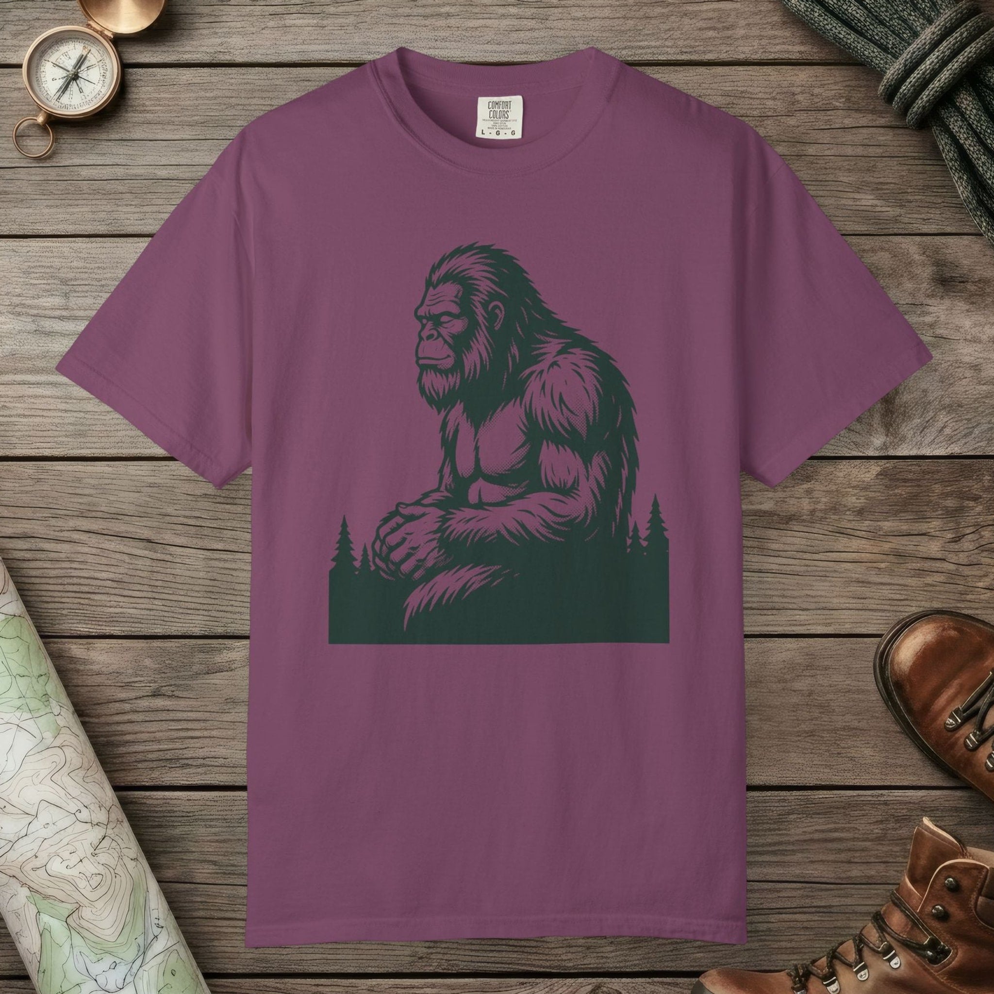 Berry color unisex graphic t-shirt with "Meditating Bigfoot" design