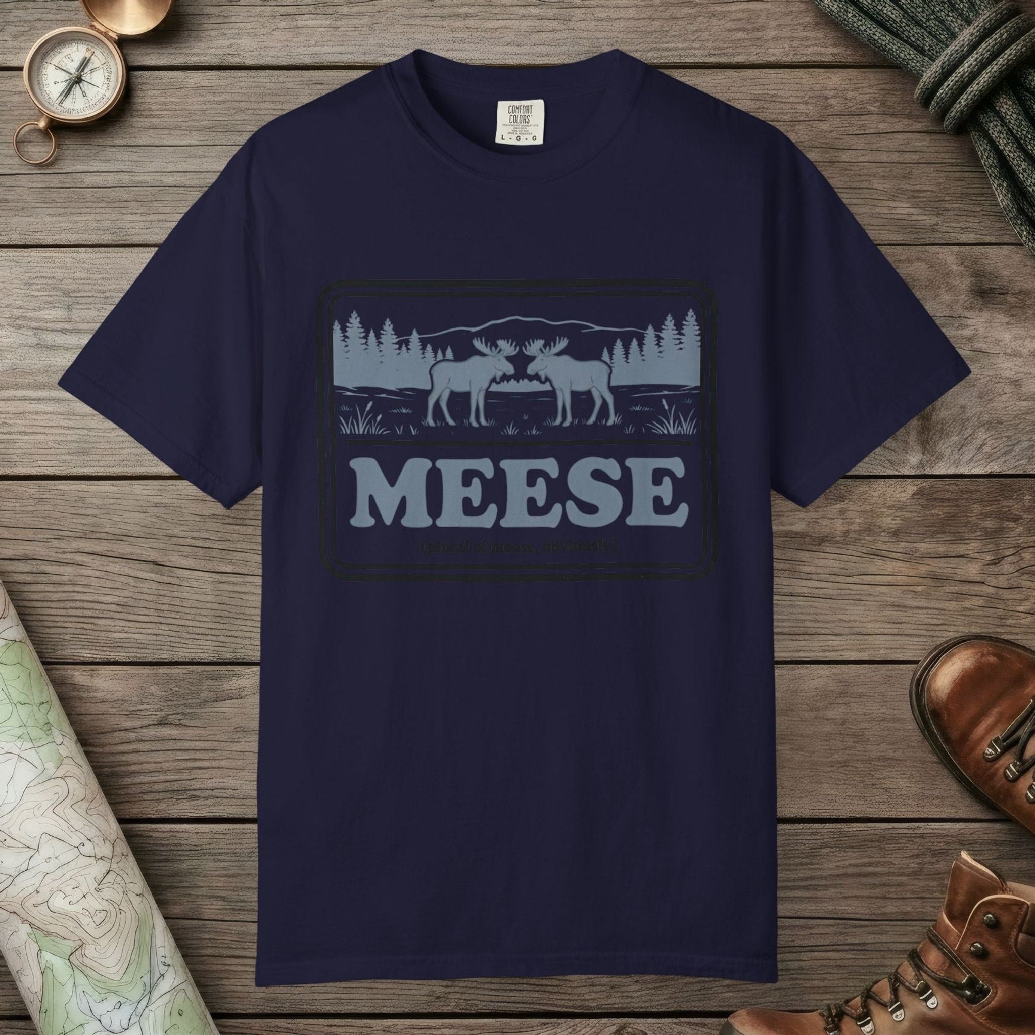 True Navy color unisex graphic t-shirt with "Meese" design