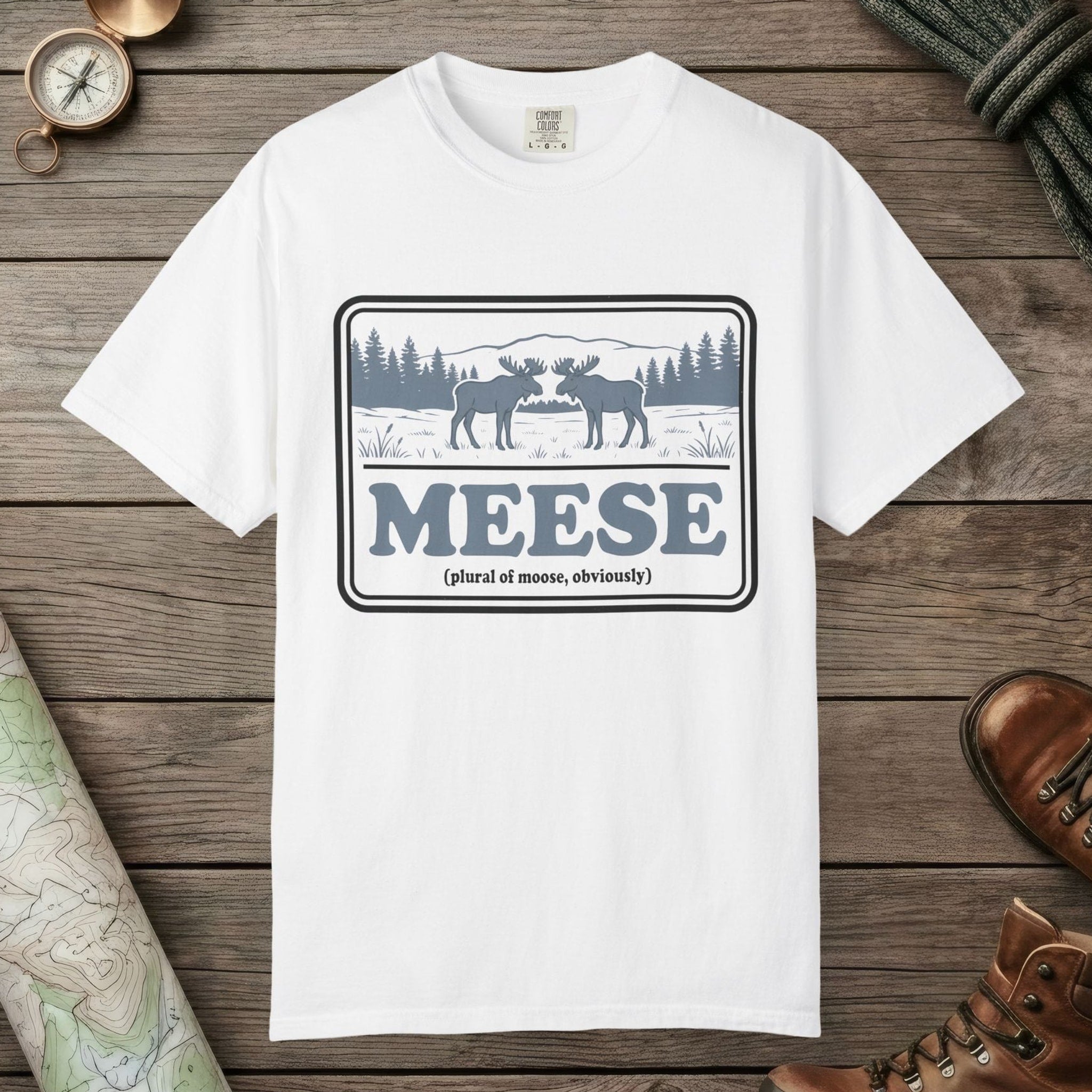 White color unisex graphic t-shirt with "Meese" design