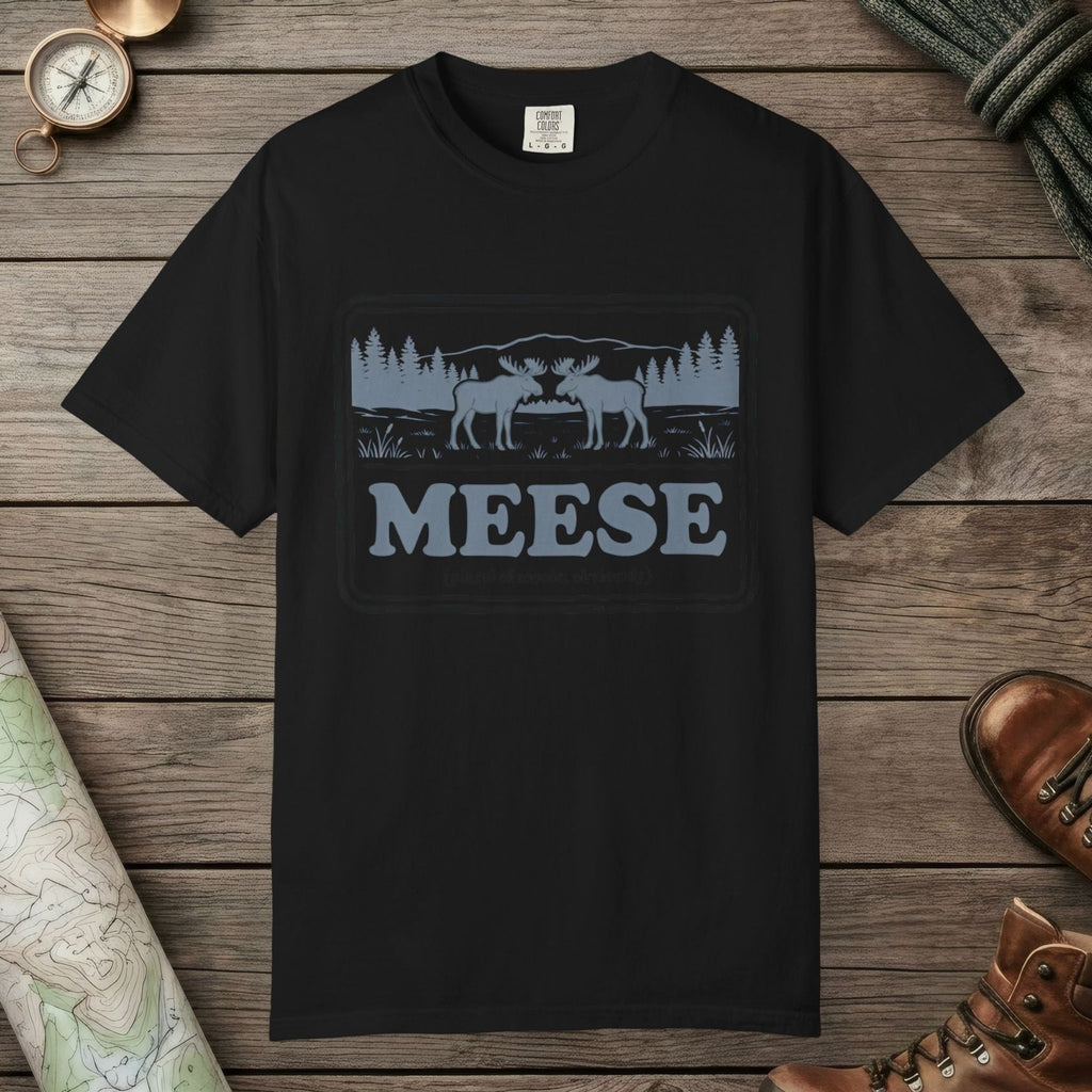 Black color unisex graphic t-shirt with "Meese" design