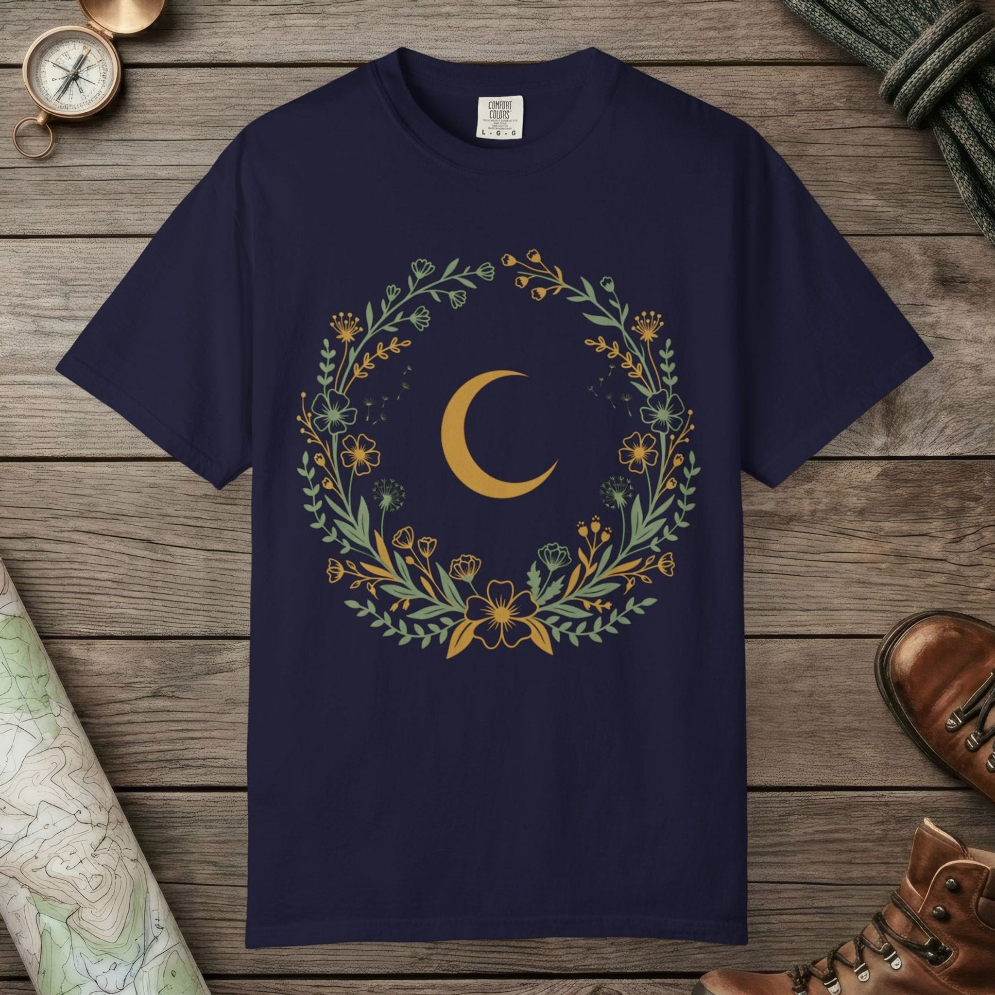 True Navy color unisex graphic t-shirt with "Moon & Wildflower Wreath" design