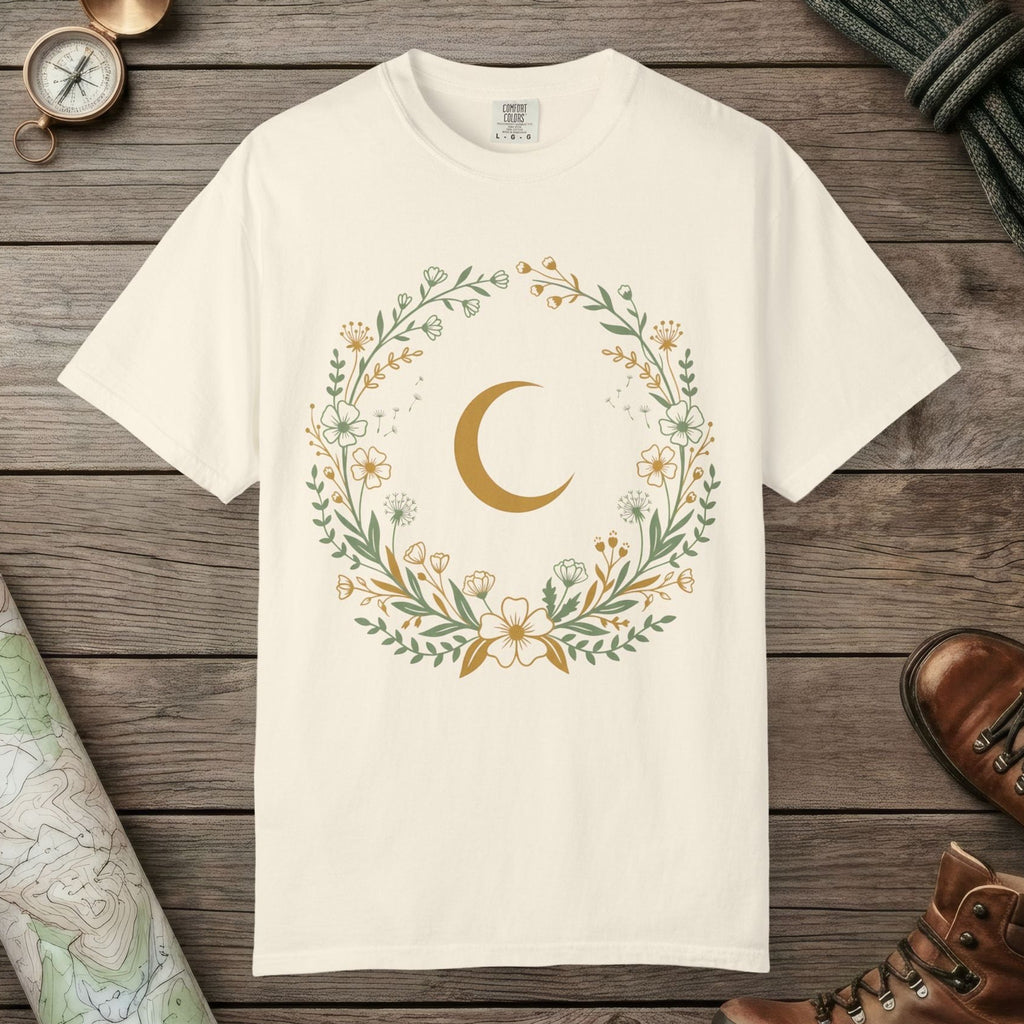 Ivory color unisex graphic t-shirt with "Moon & Wildflower Wreath" design