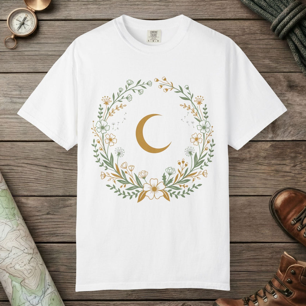 White color unisex graphic t-shirt with "Moon & Wildflower Wreath" design