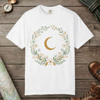 White color unisex graphic t-shirt with "Moon & Wildflower Wreath" design