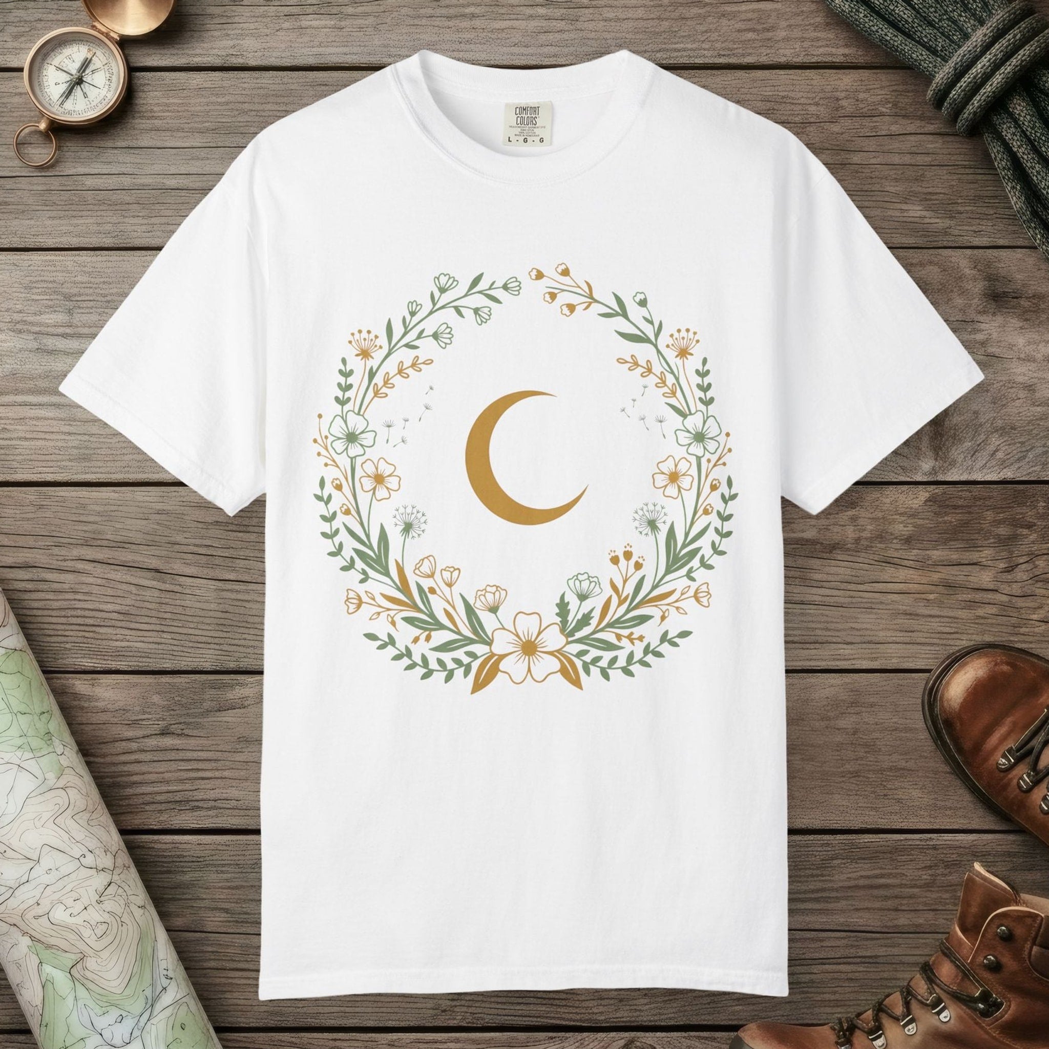 White color unisex graphic t-shirt with "Moon & Wildflower Wreath" design