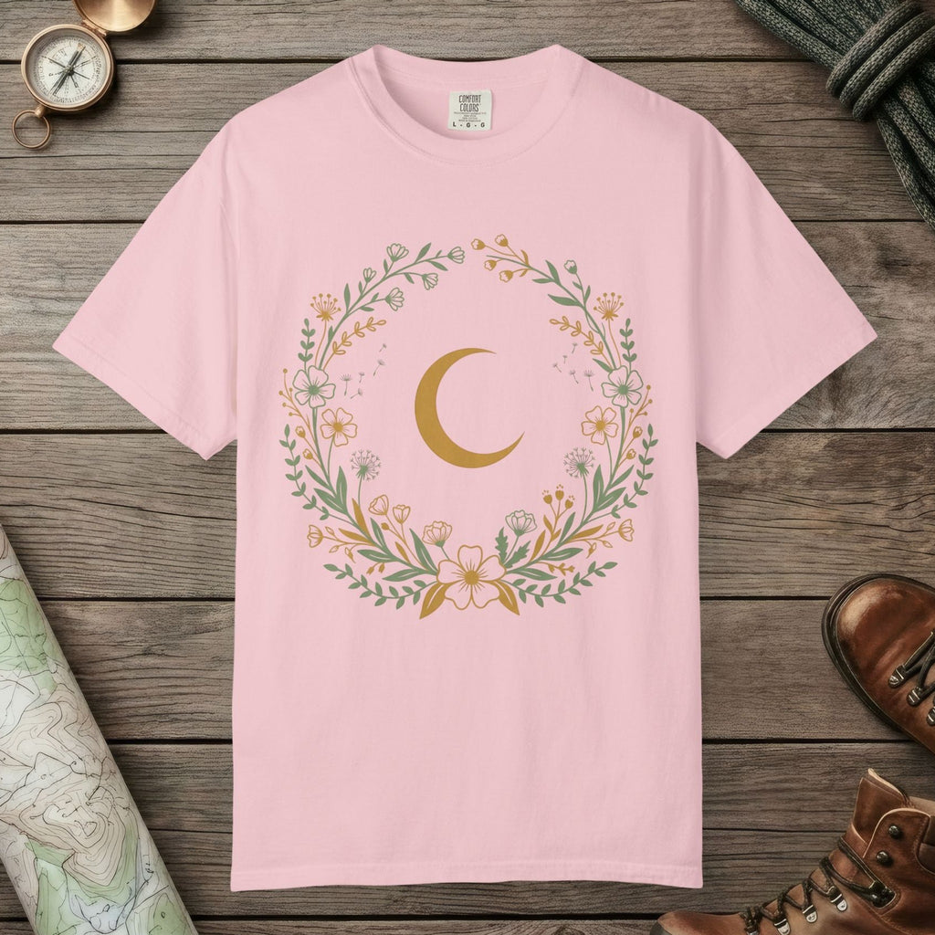 Blossom color unisex graphic t-shirt with "Moon & Wildflower Wreath" design