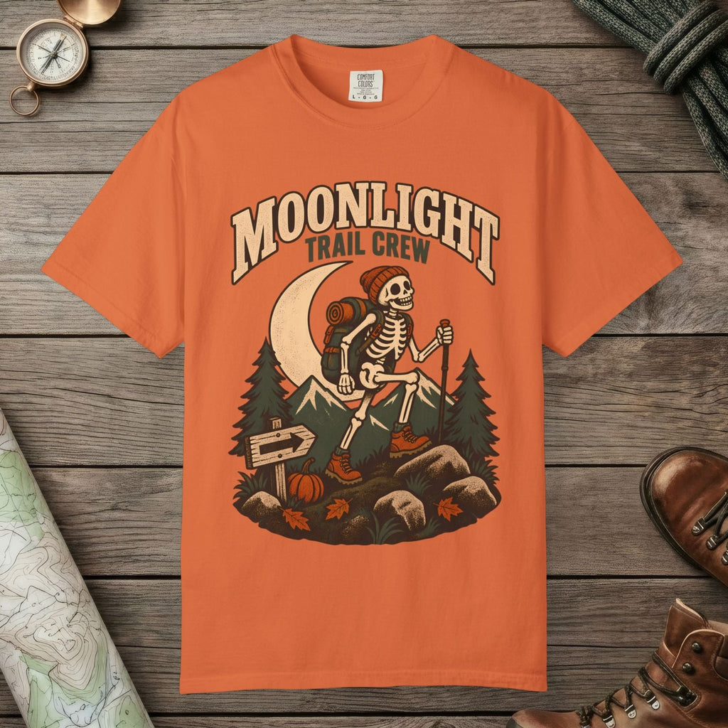 Burnt Orange color unisex graphic t-shirt with "Moonlight Trail Crew" design