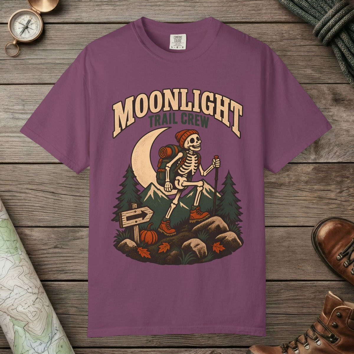 Berry color unisex graphic t-shirt with "Moonlight Trail Crew" design