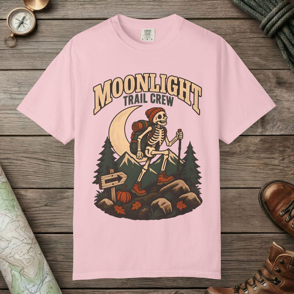Blossom color unisex graphic t-shirt with "Moonlight Trail Crew" design