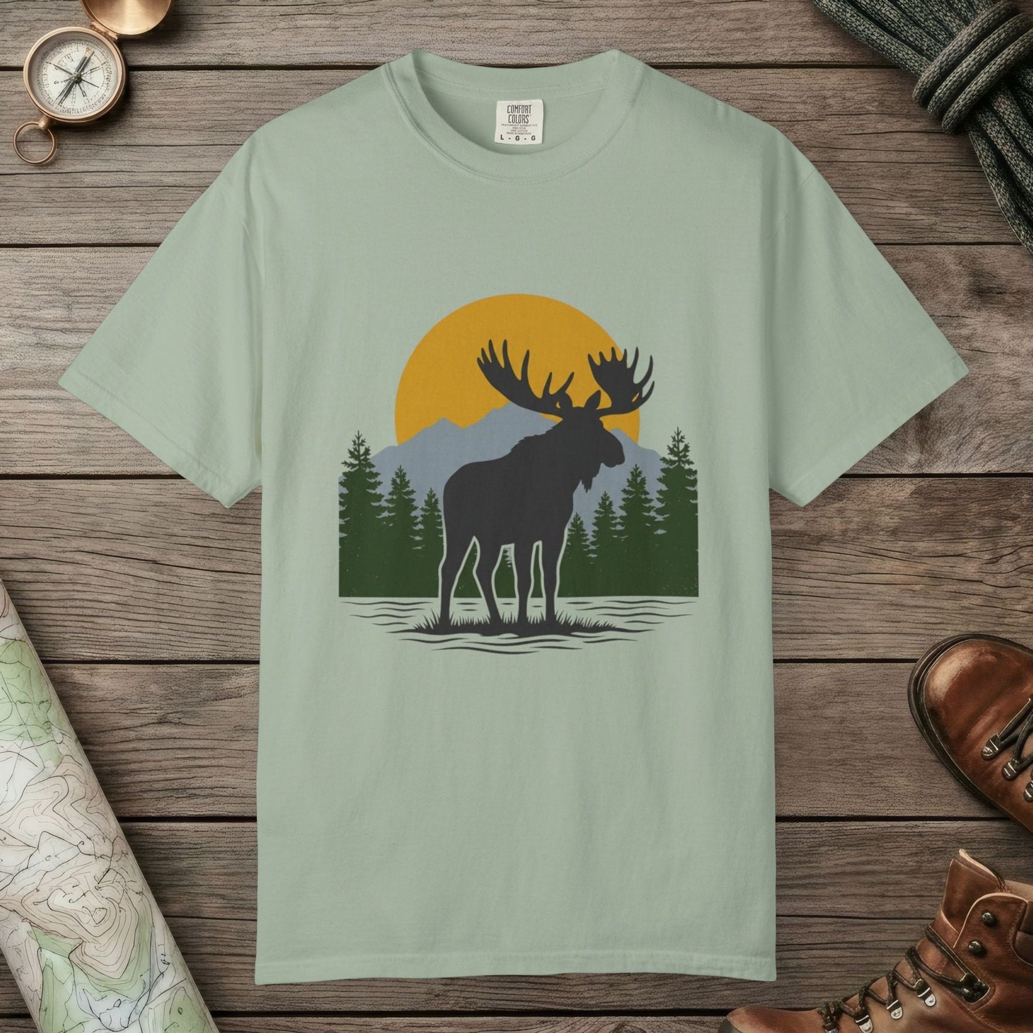 Bay color unisex graphic t-shirt with "Moose Spirit" design