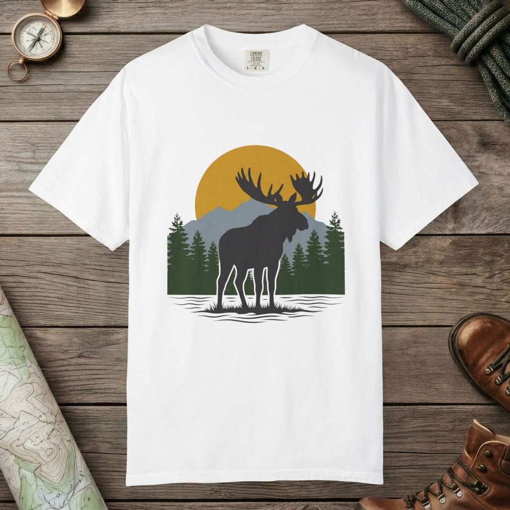 White color unisex graphic t-shirt with "Moose Spirit" design