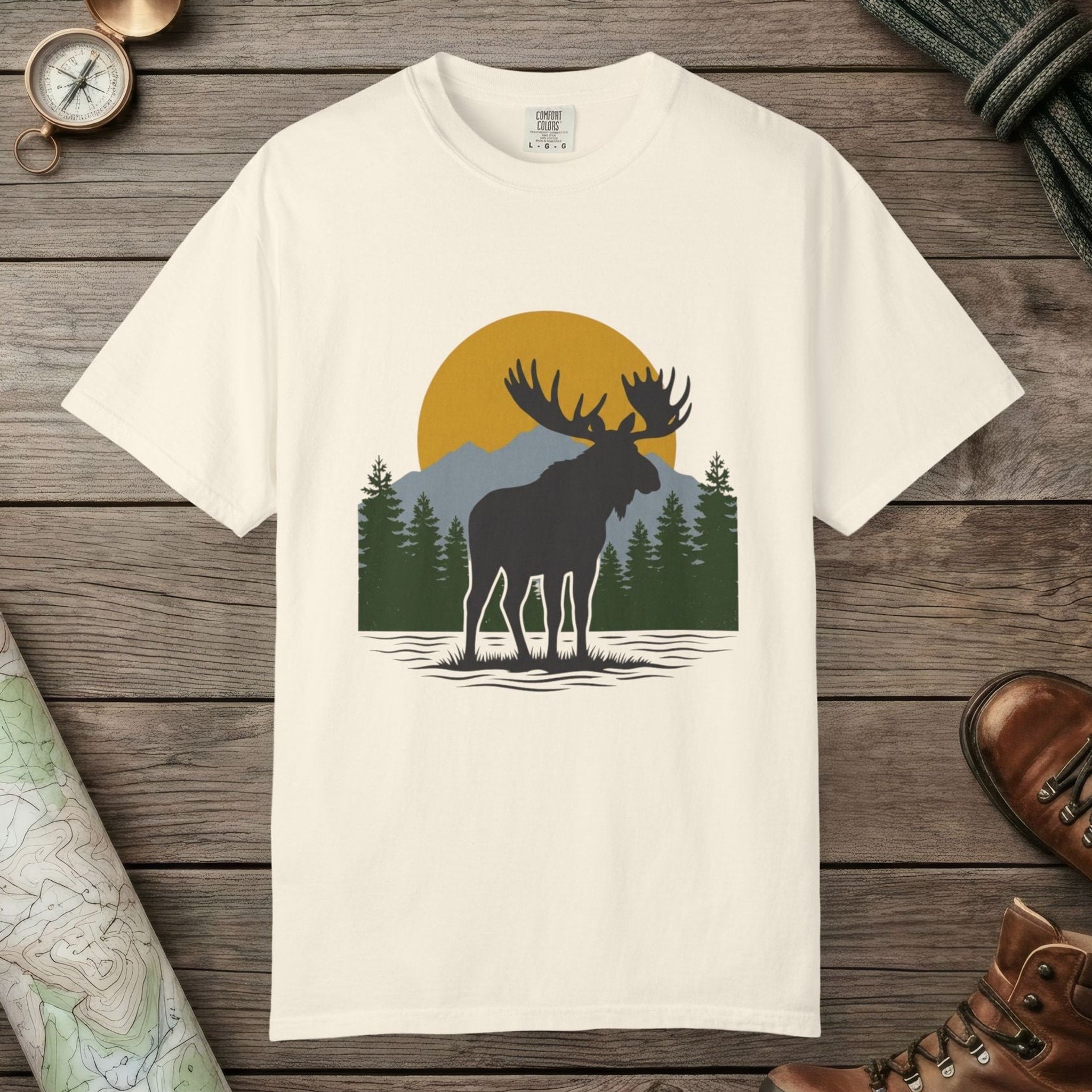 Ivory color unisex graphic t-shirt with "Moose Spirit" design