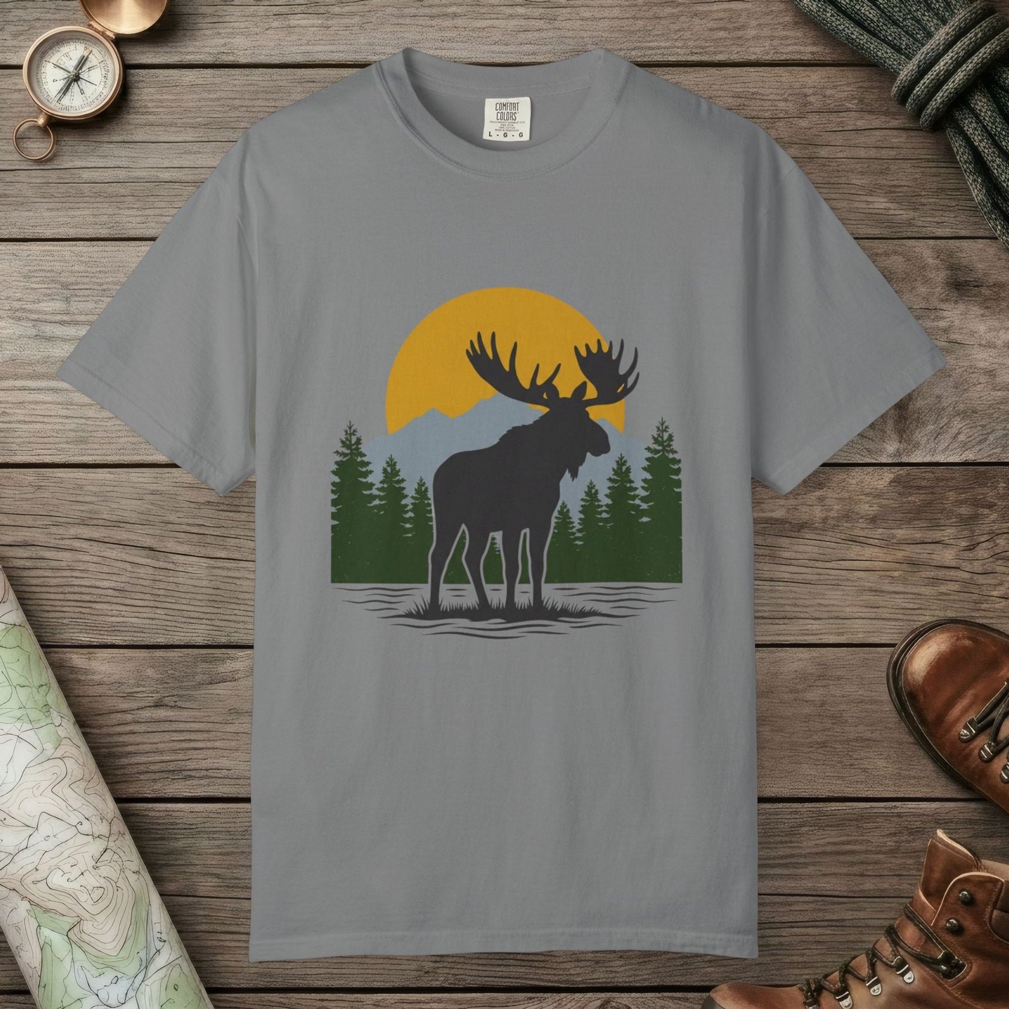 Grey color unisex graphic t-shirt with "Moose Spirit" design