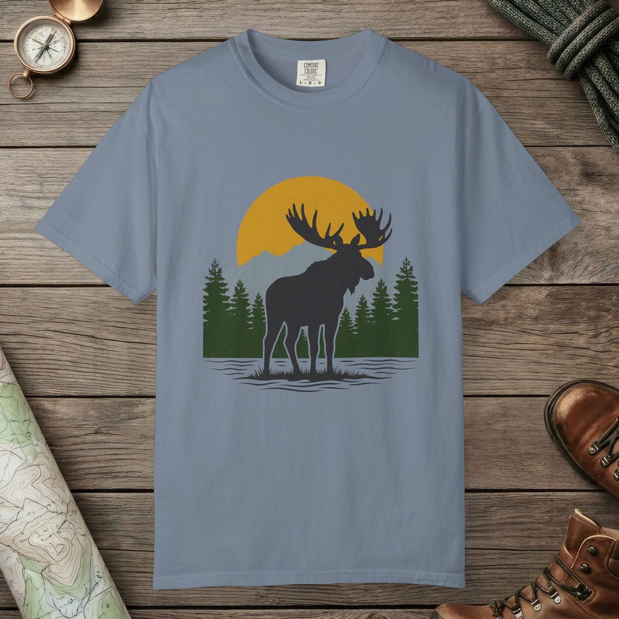 Blue Jean color unisex graphic t-shirt with "Moose Spirit" design