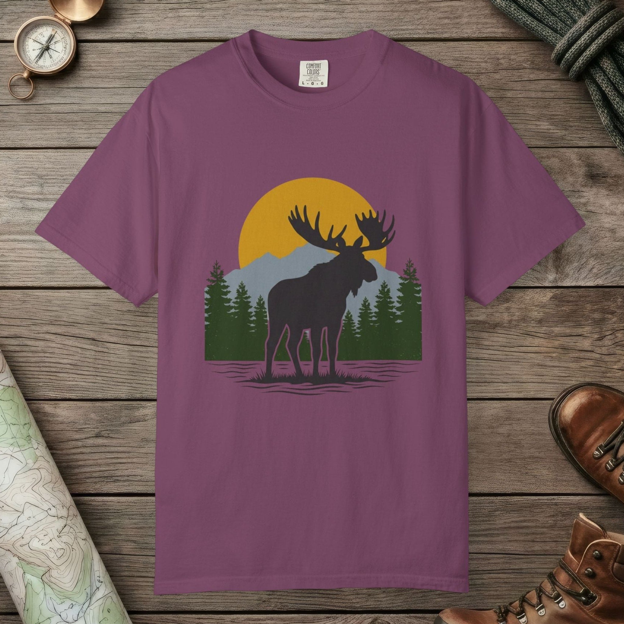 Berry color unisex graphic t-shirt with "Moose Spirit" design