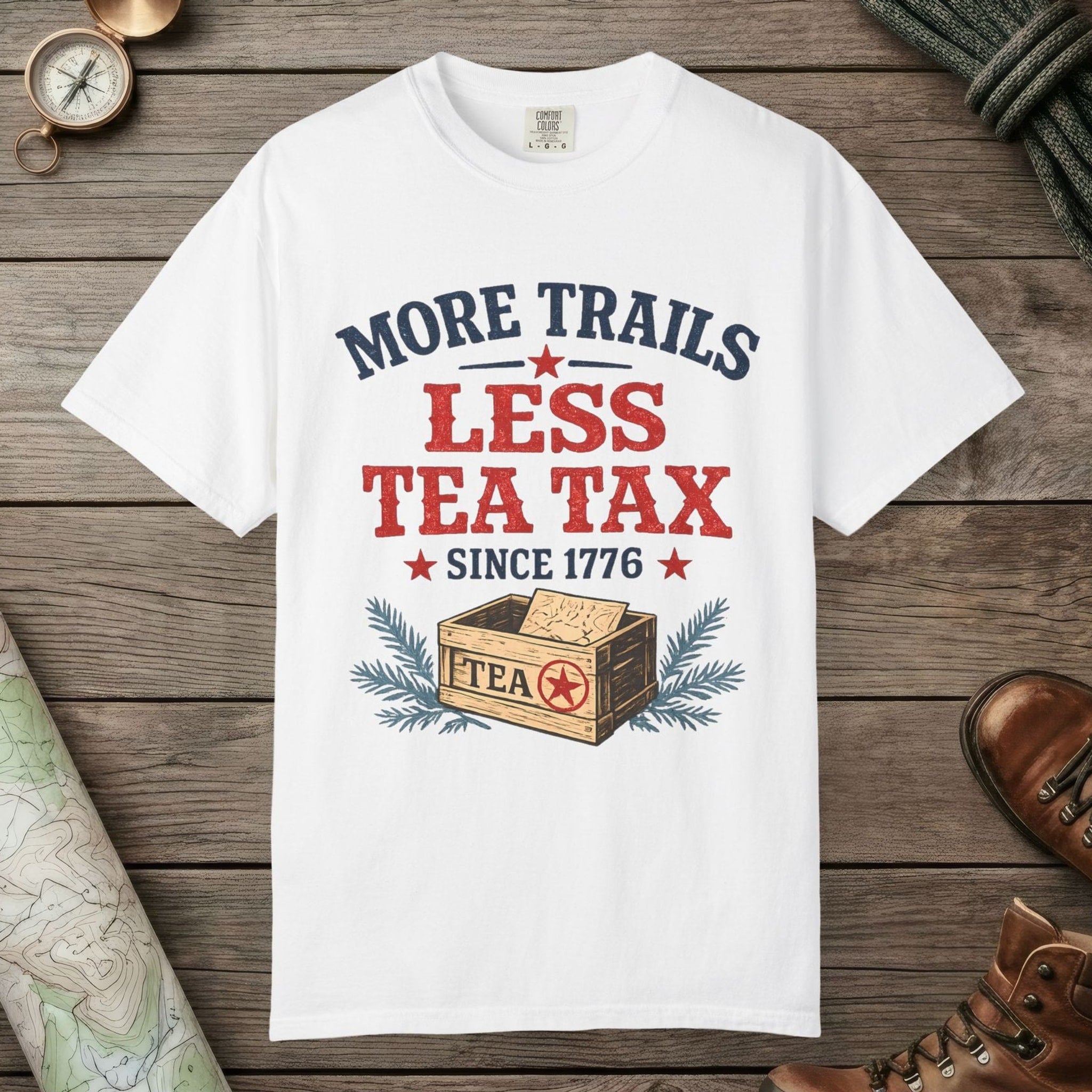 White color unisex graphic t-shirt with "More Trails" design