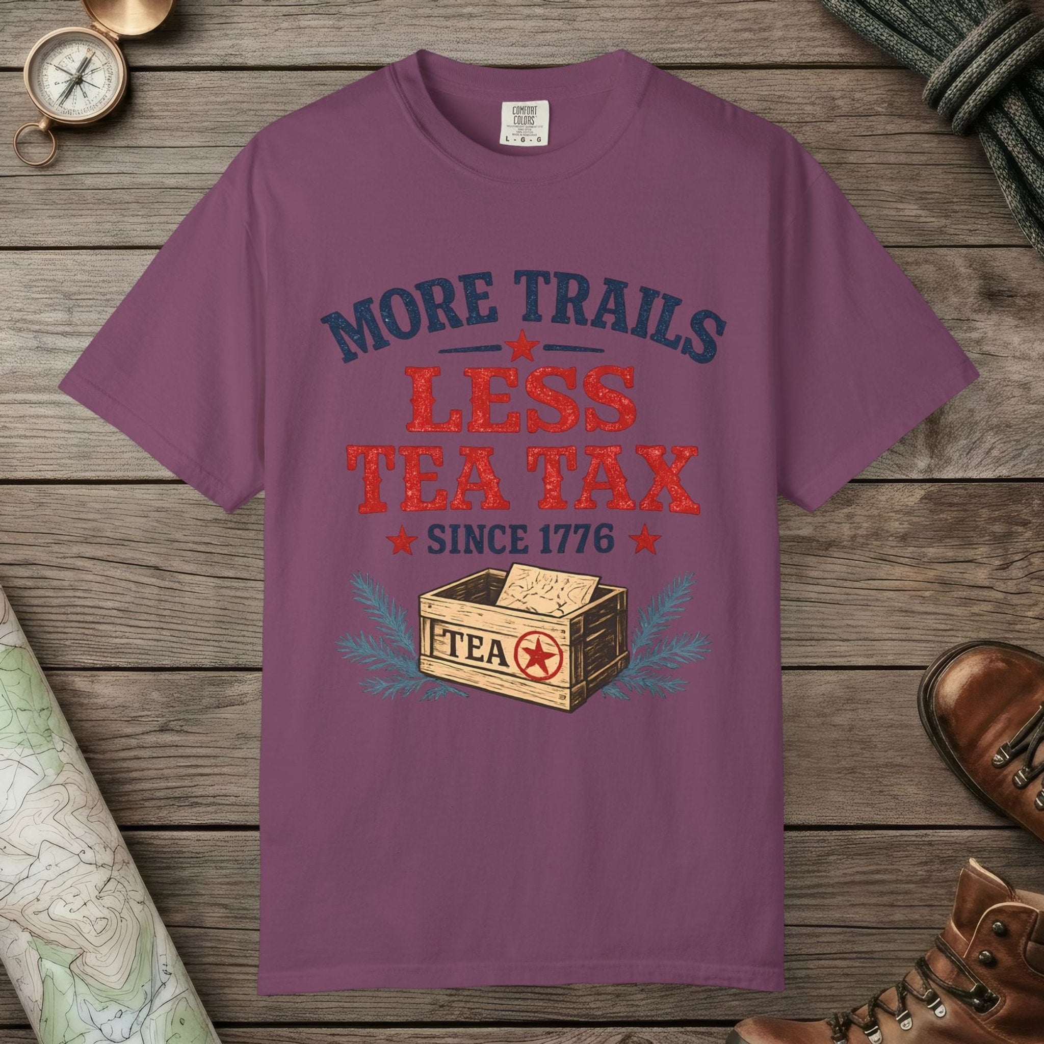 Berry color unisex graphic t-shirt with "More Trails" design