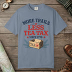 Blue Jean color unisex graphic t-shirt with "More Trails" design