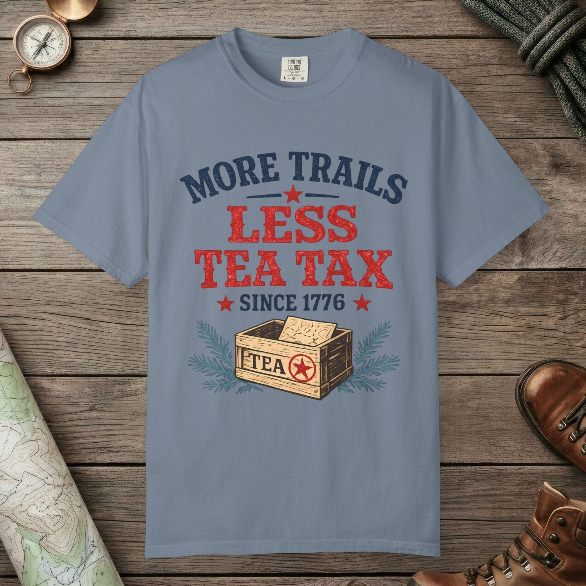 Blue Jean color unisex graphic t-shirt with "More Trails" design