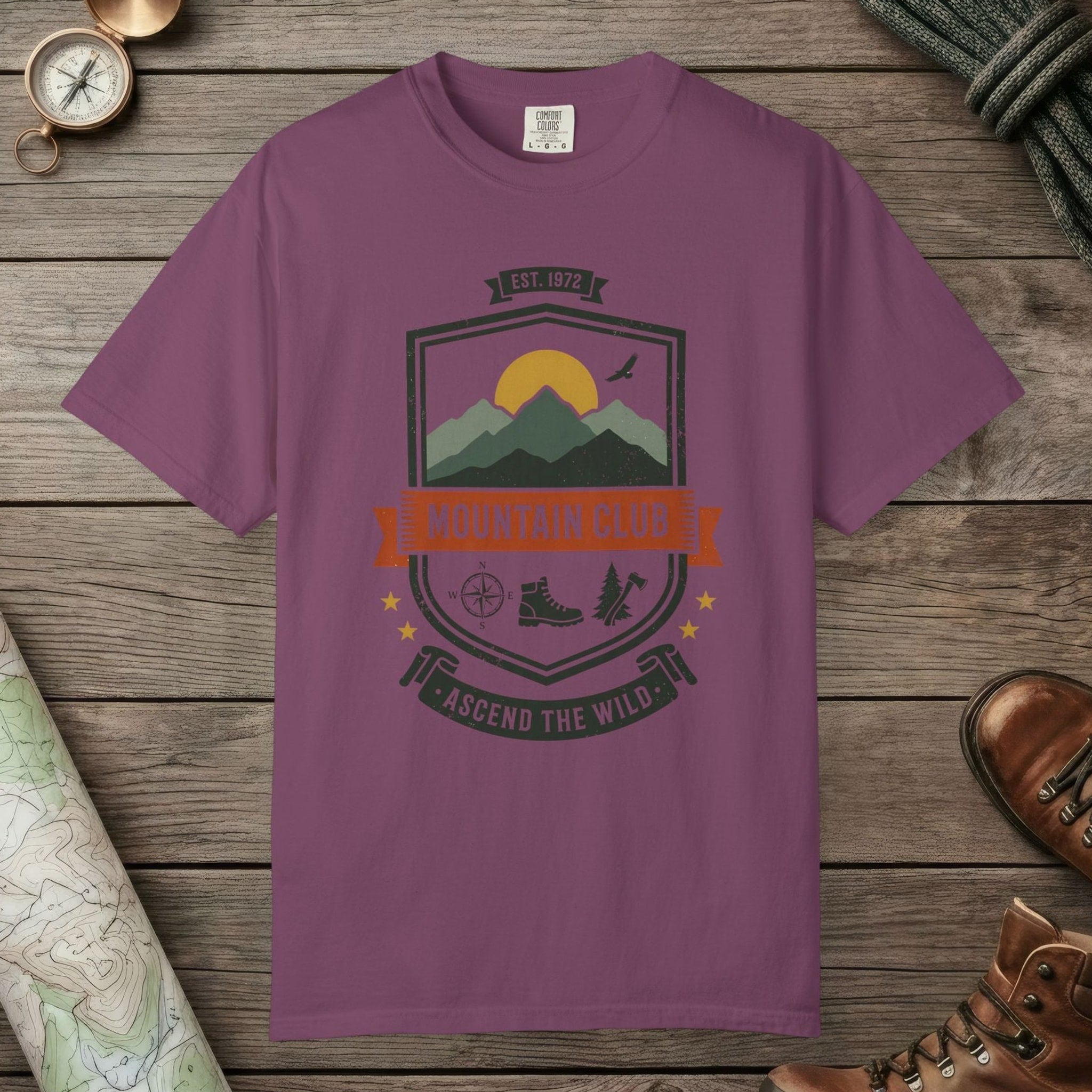 Berry color unisex graphic t-shirt with "Mountain Club" design
