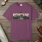 Berry color unisex graphic t-shirt with "Mountains Are Calling" design