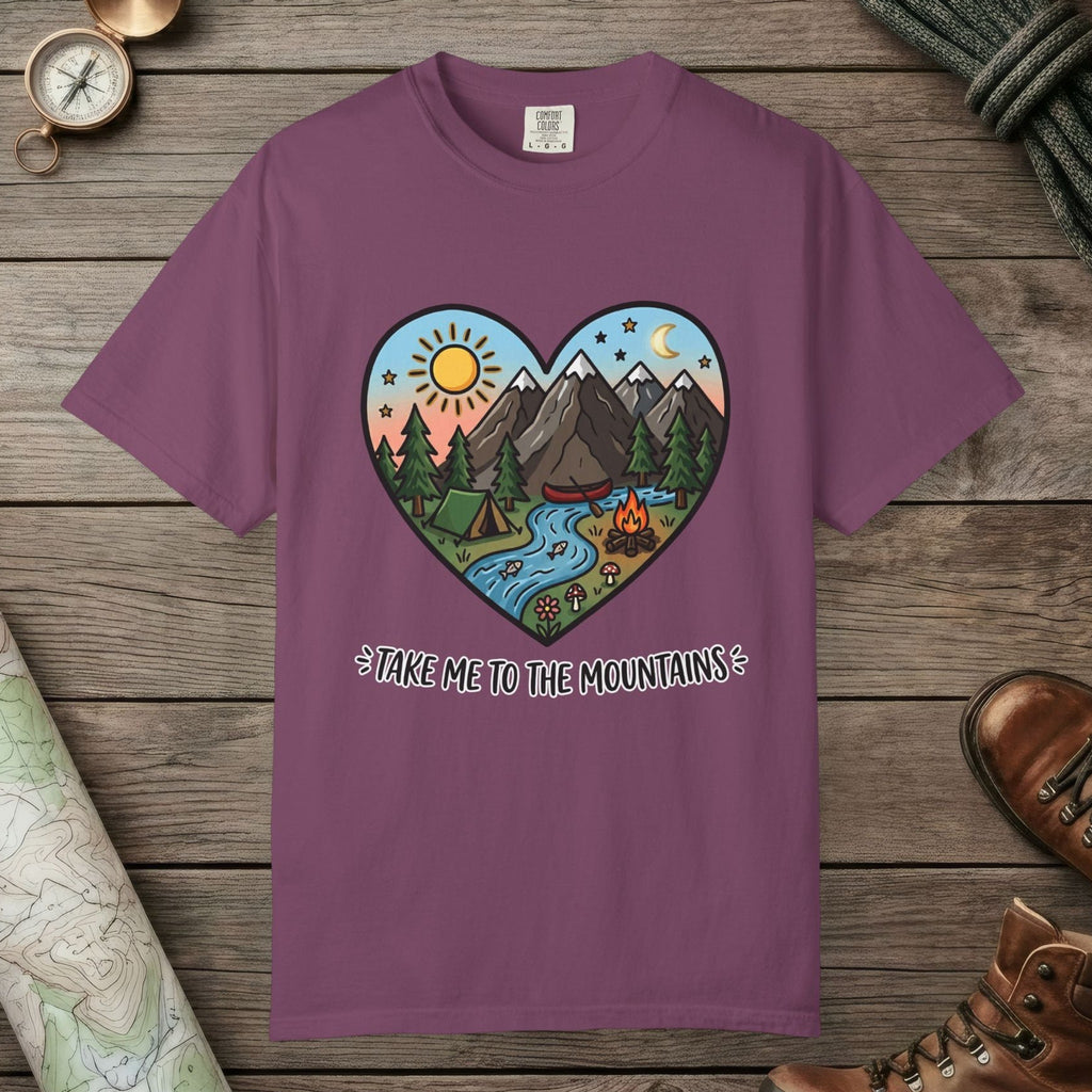 Berry color unisex graphic t-shirt with "Mountains Hearts" design