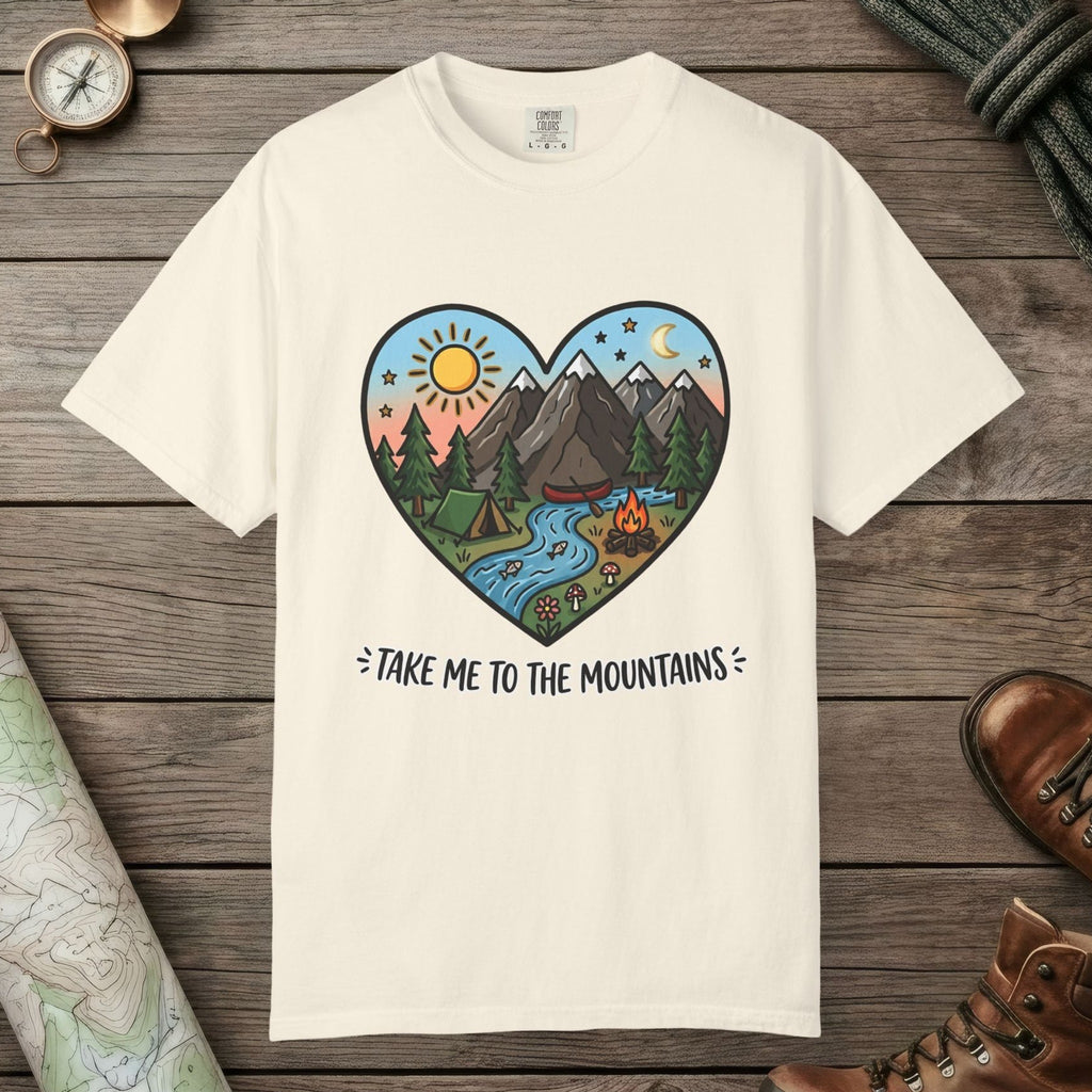 Ivory color unisex graphic t-shirt with "Mountains Hearts" design