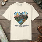 Ivory color unisex graphic t-shirt with "Mountains Hearts" design