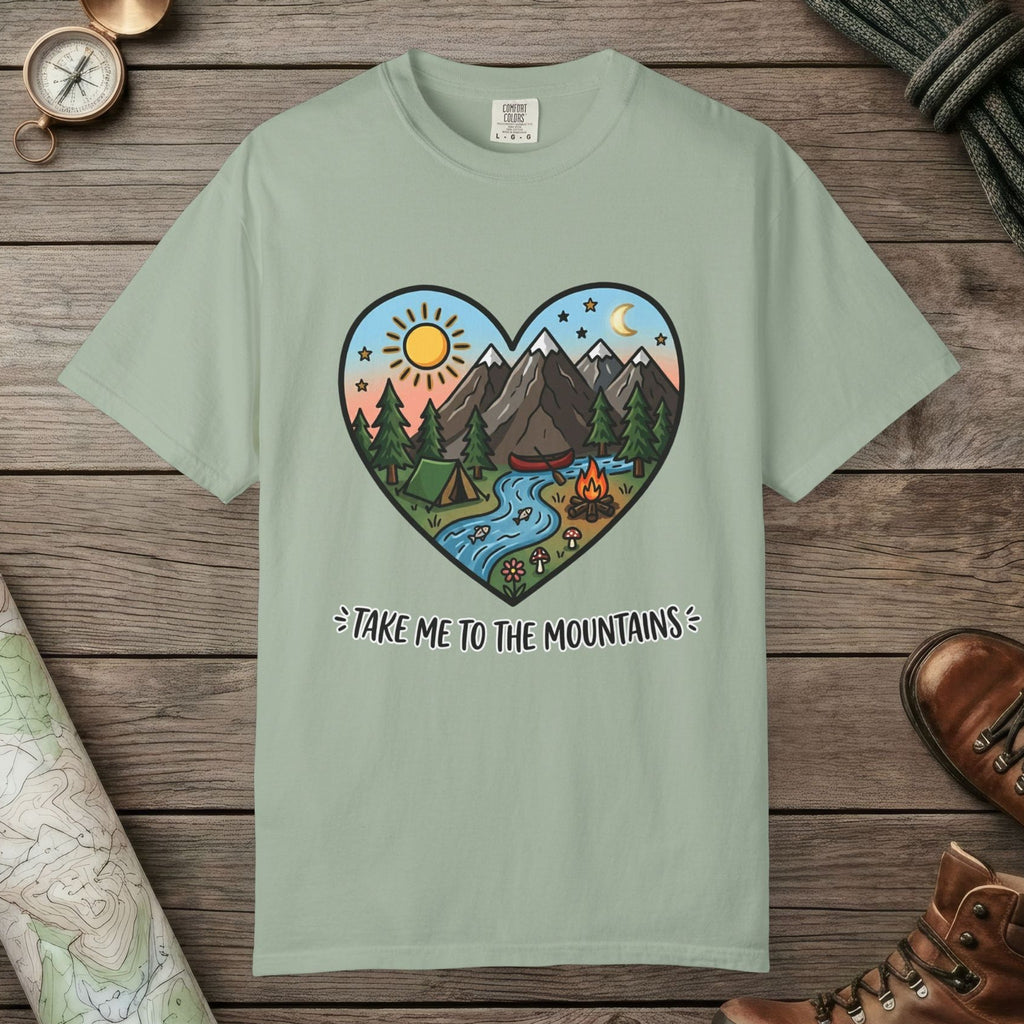Bay color unisex graphic t-shirt with "Mountains Hearts" design