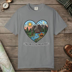 Grey color unisex graphic t-shirt with "Mountains Hearts" design