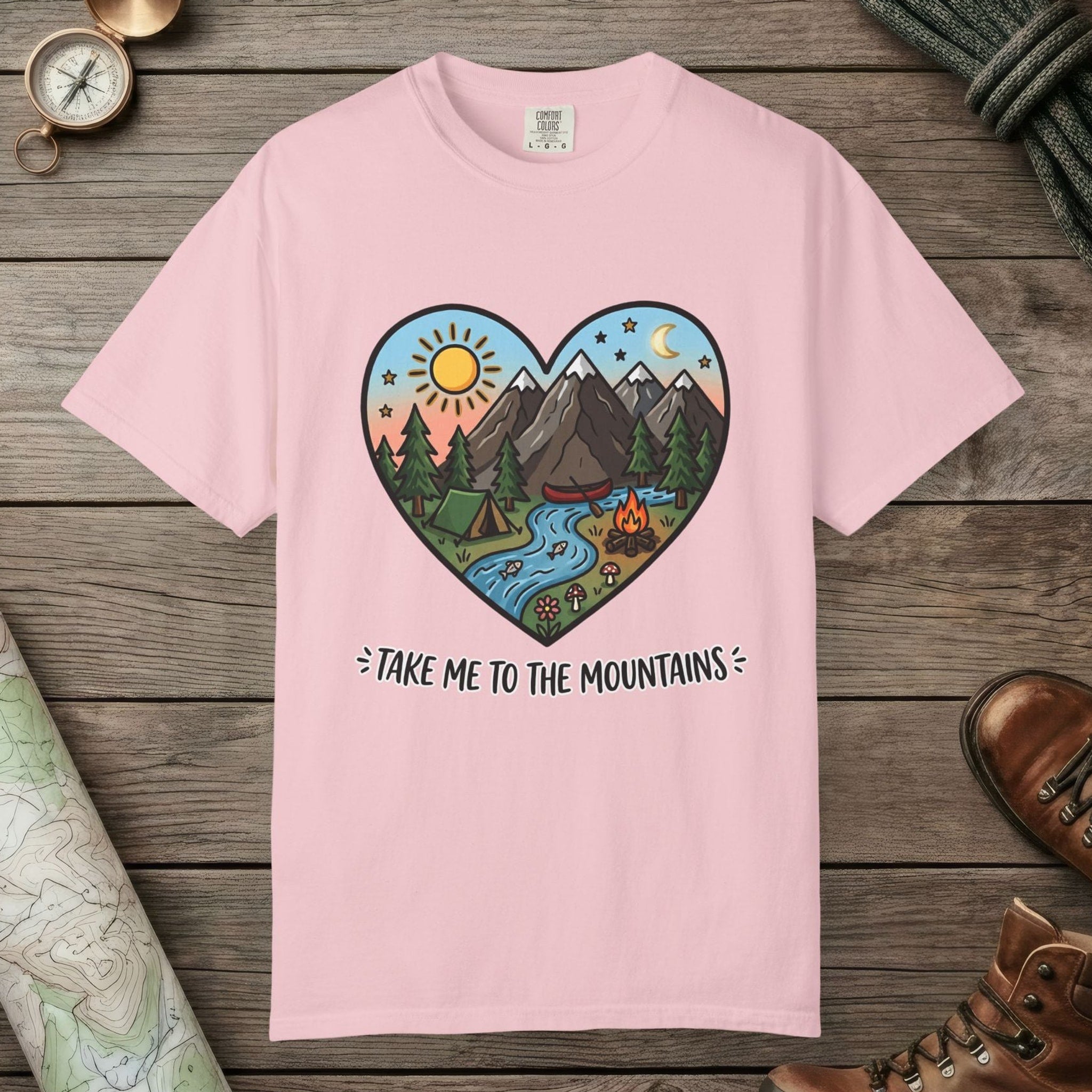 Blossom color unisex graphic t-shirt with "Mountains Hearts" design