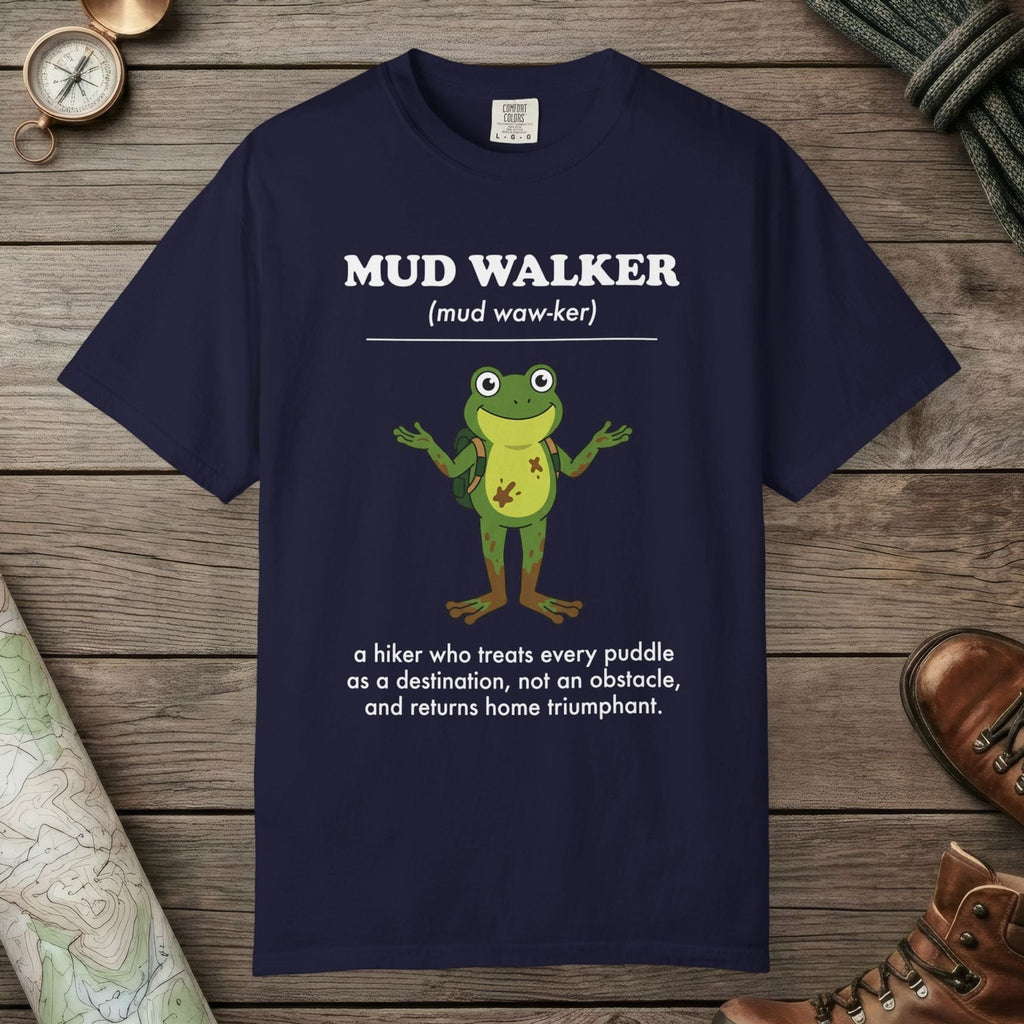 True Navy color unisex graphic t-shirt with "Mud Walker Definition" design