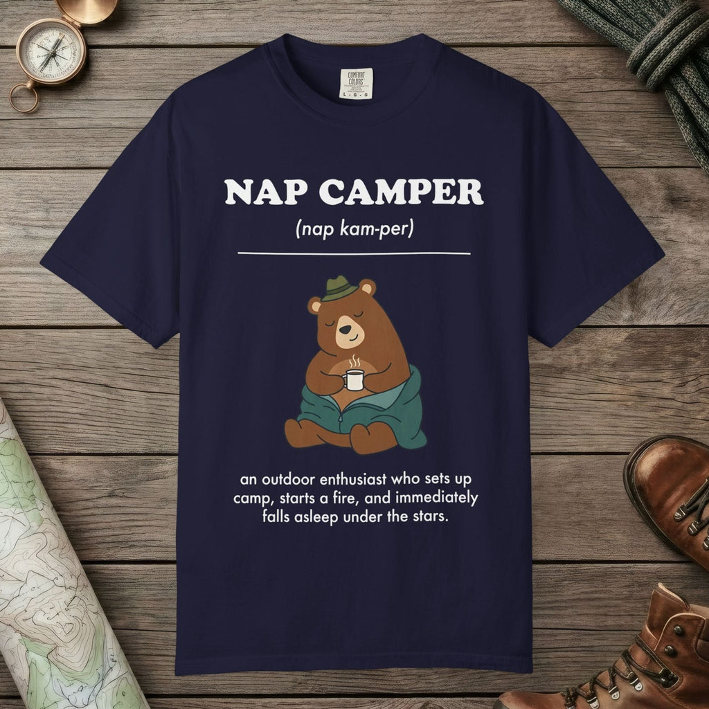 True Navy color unisex graphic t-shirt with "Nap Camper Definition" design
