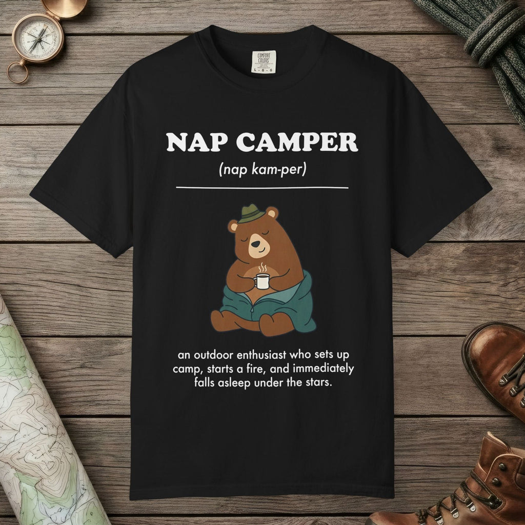 Black color unisex graphic t-shirt with "Nap Camper Definition" design