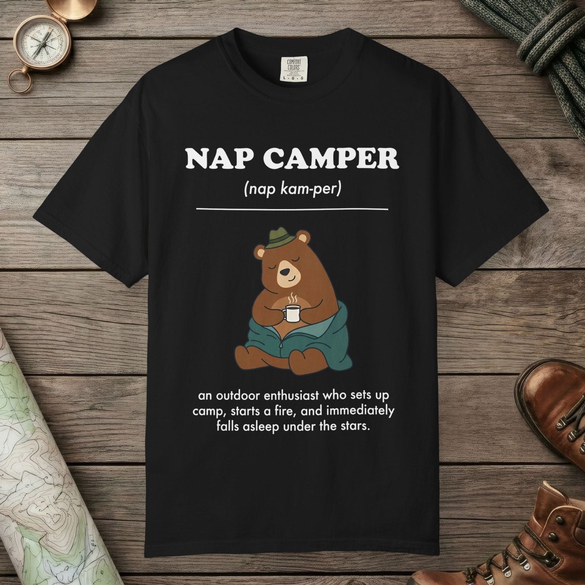 Black color unisex graphic t-shirt with "Nap Camper Definition" design