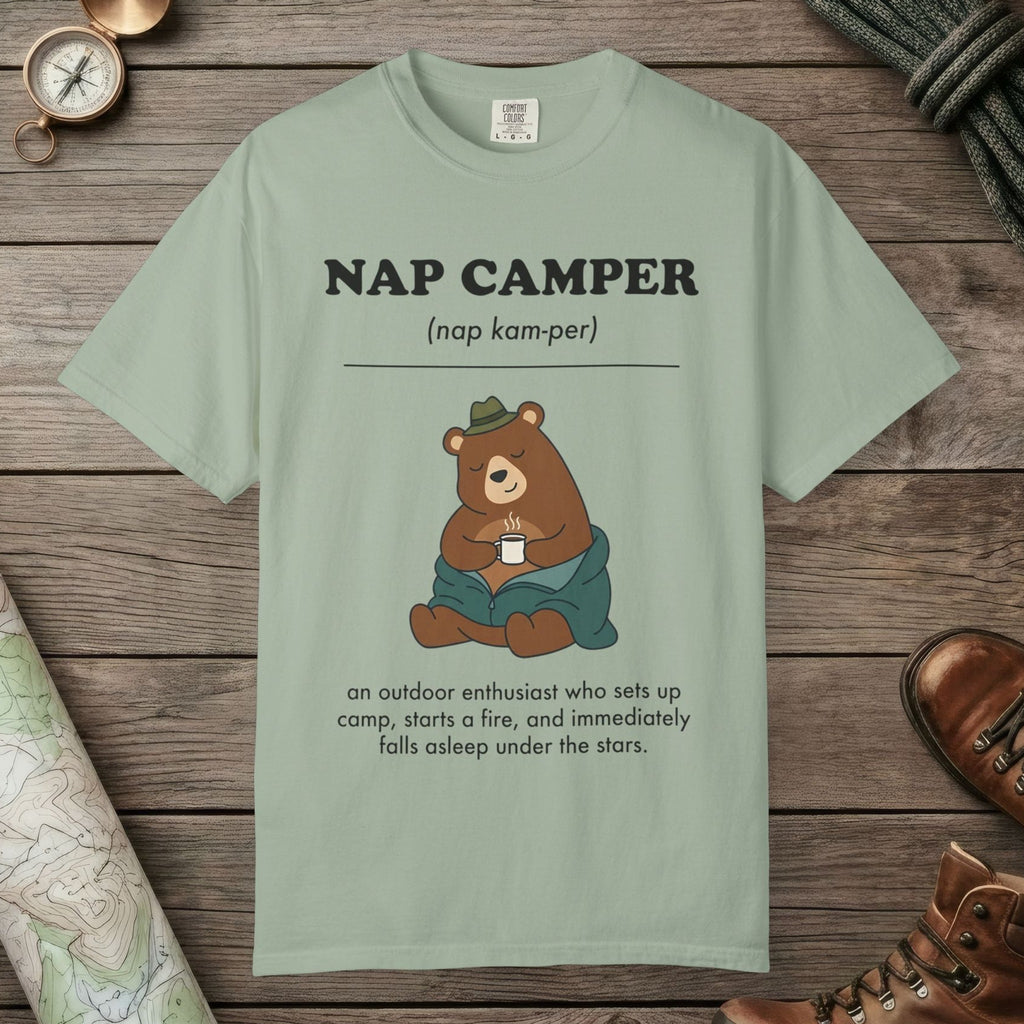 Bay color unisex graphic t-shirt with "Nap Camper Definition" design