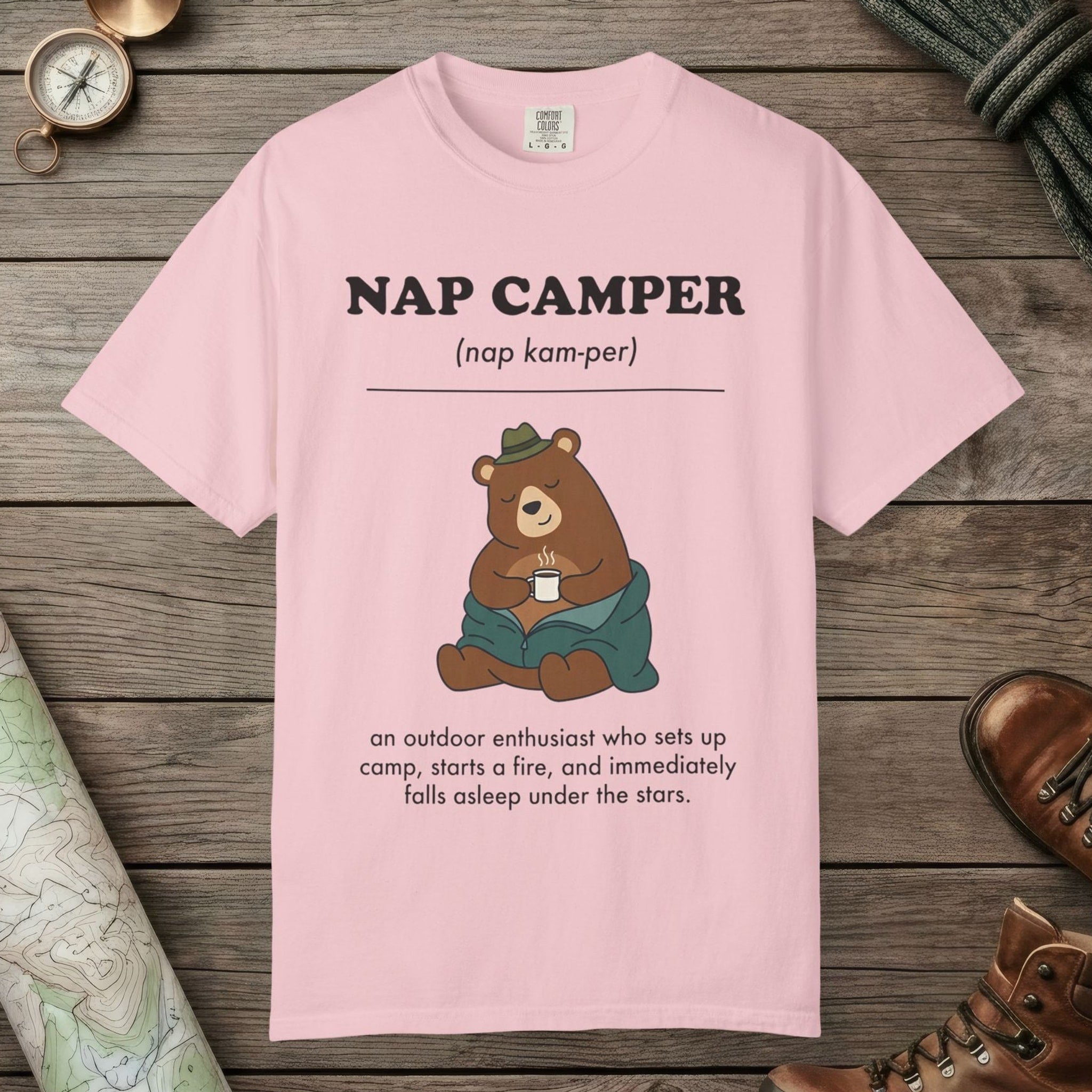 Blossom color unisex graphic t-shirt with "Nap Camper Definition" design