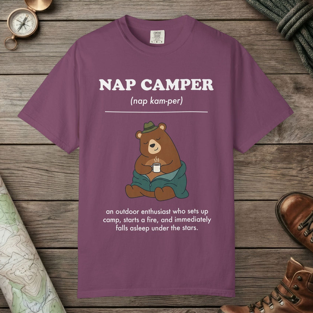 Berry color unisex graphic t-shirt with "Nap Camper Definition" design