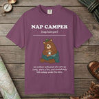 Berry color unisex graphic t-shirt with "Nap Camper Definition" design