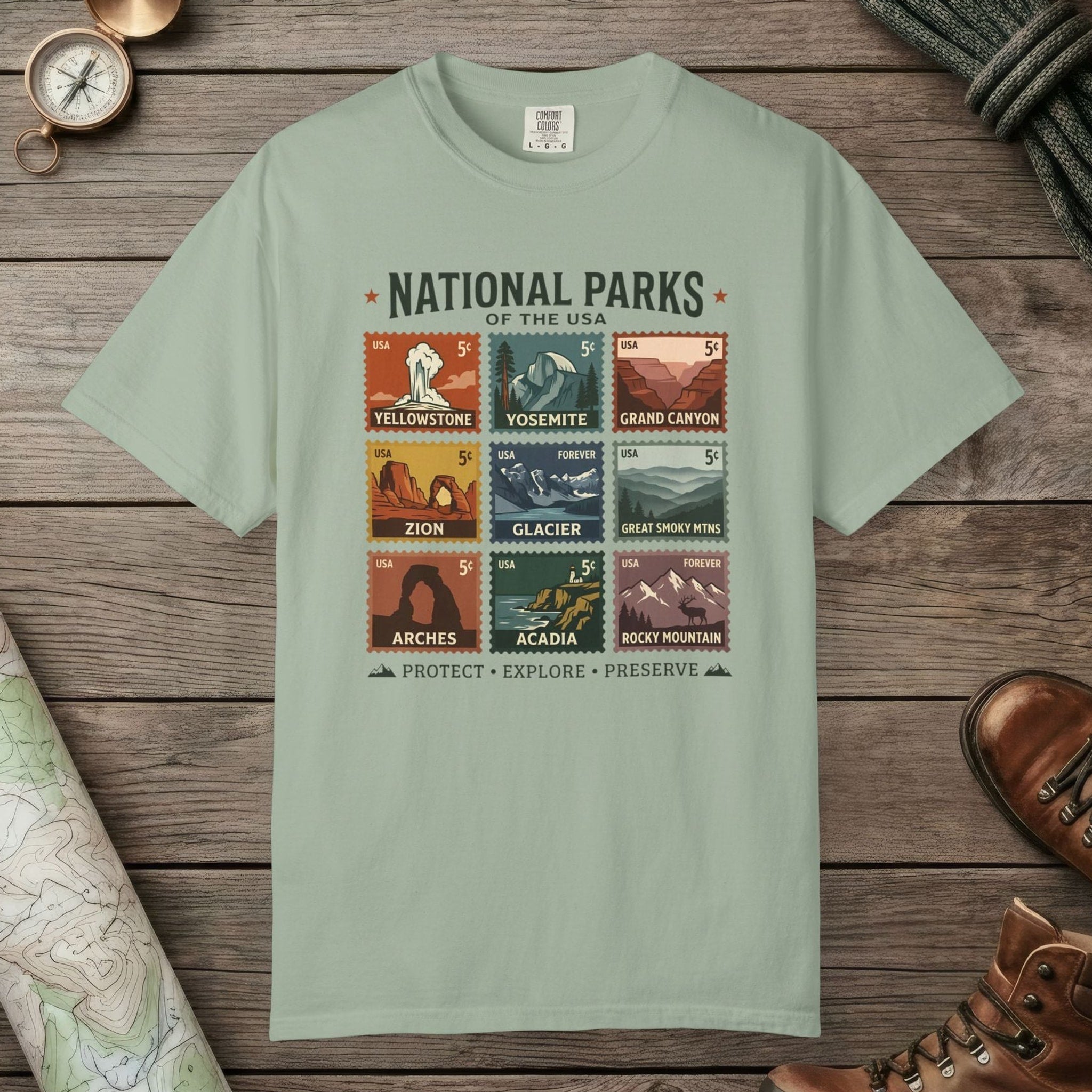 Bay color unisex graphic t-shirt with "National Parks of The USA" design