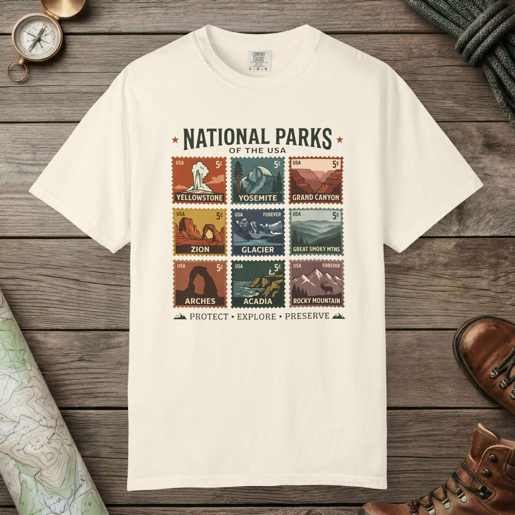 Ivory color unisex graphic t-shirt with "National Parks of The USA" design