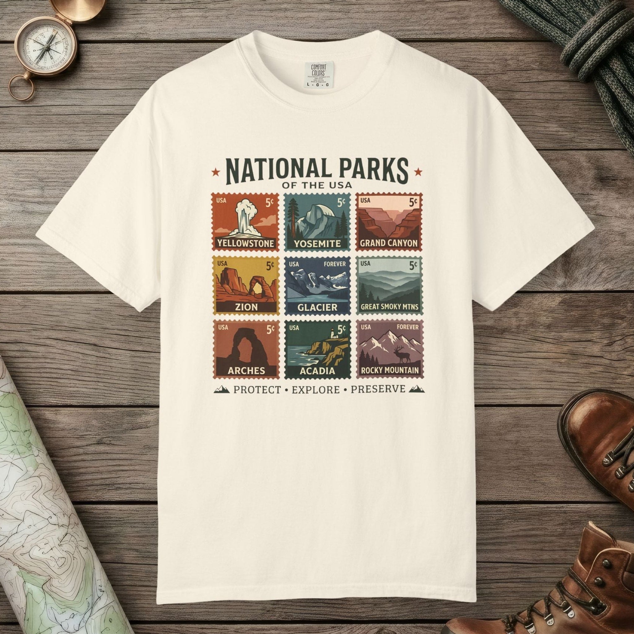 Ivory color unisex graphic t-shirt with "National Parks of The USA" design