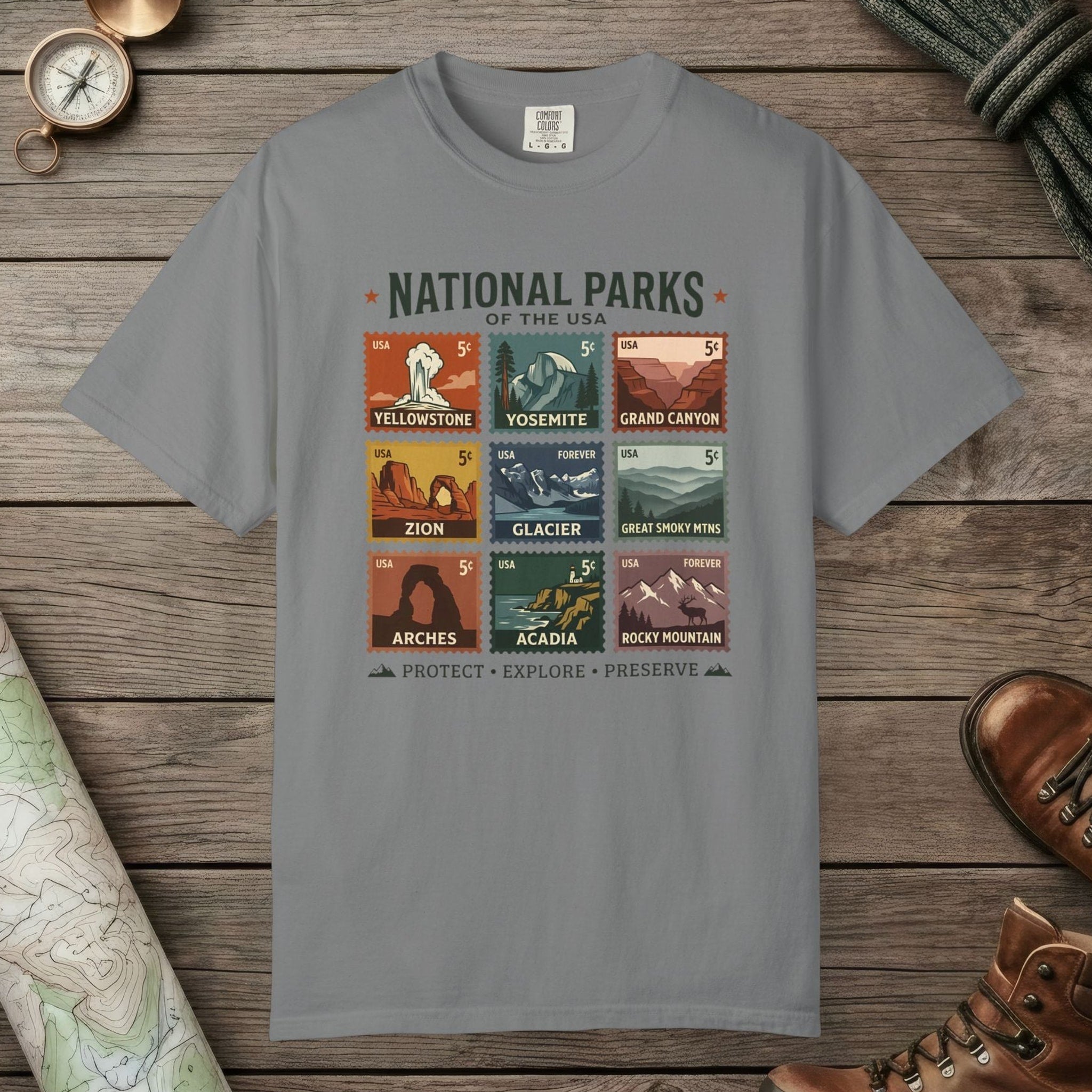 Grey color unisex graphic t-shirt with "National Parks of The USA" design