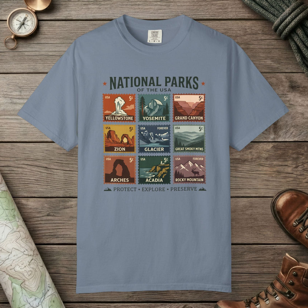 Blue Jean color unisex graphic t-shirt with "National Parks of The USA" design